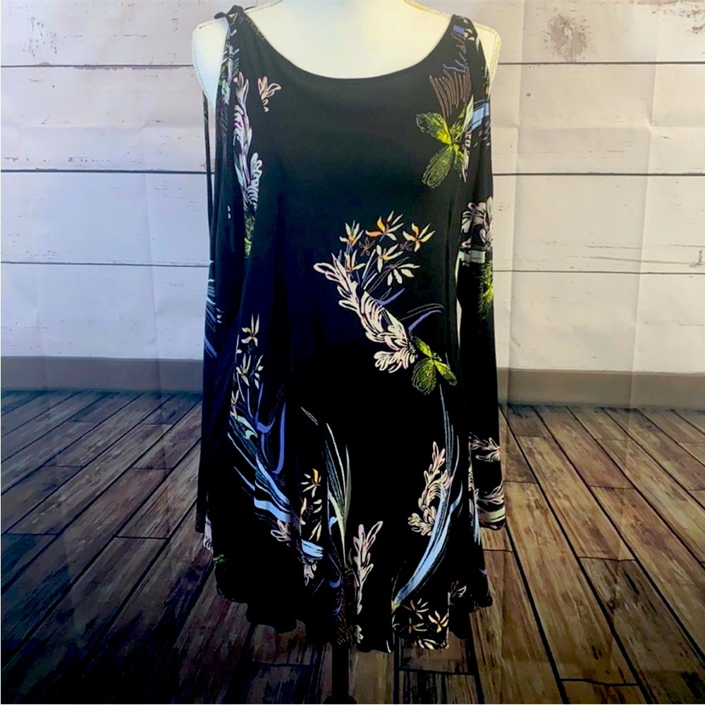 FREE PEOPLE Clear Skies Tunic Mini Dress Black Floral Cold Shoulder extra small